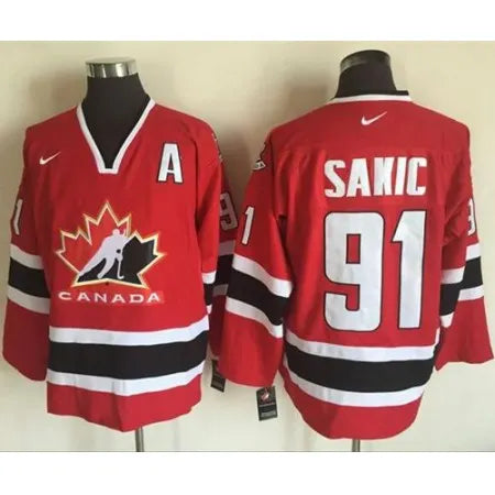 Team CA. #91 Joe Sakic Red/Black 2002 Olympic
Throwback Stitched NHL Jersey
