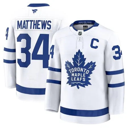 Men's Toronto Maple Leafs #34 Auston Matthews
White Captain Patch Away Premium Jersey